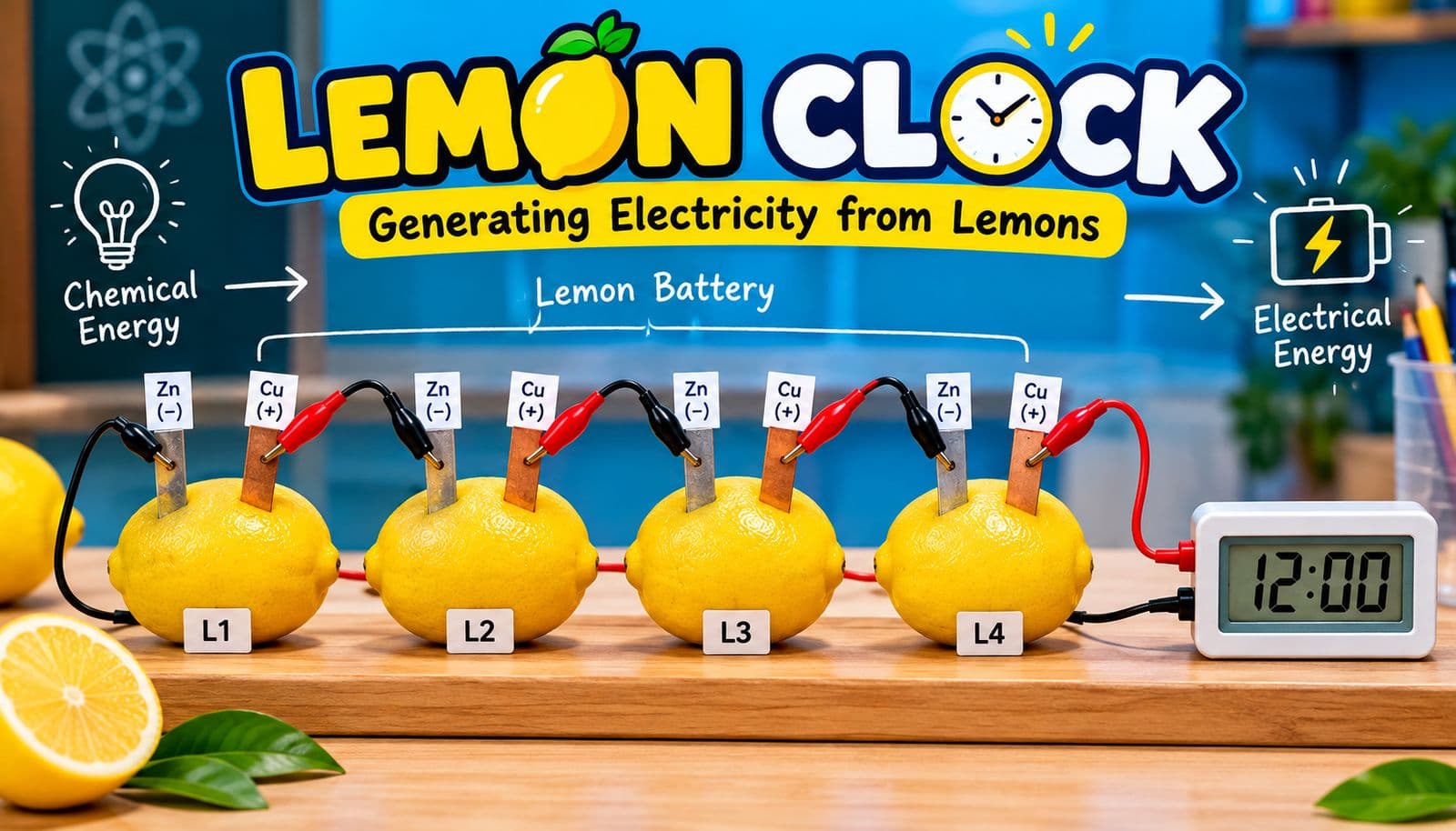 Lemon Clock school science project showing four lemons connected with copper and zinc electrodes to power a digital clock, demonstrating how chemical energy is converted into electricity.