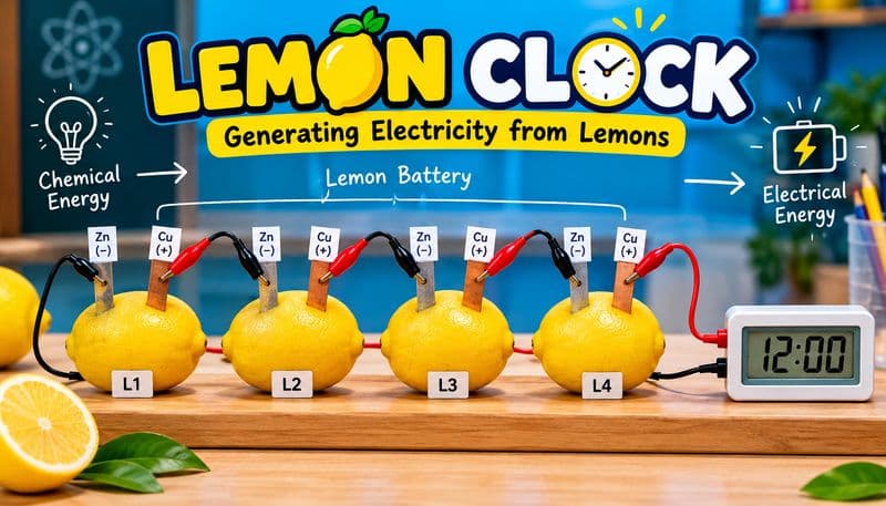 Lemon Clock school science project showing four lemons connected with copper and zinc electrodes to power a digital clock, demonstrating how chemical energy is converted into electricity.