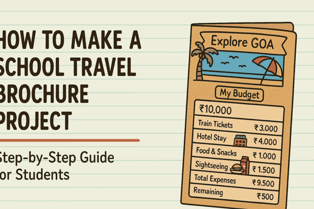 Illustrated school project guide showing how to make a travel brochure with budget planning, recycled materials, and pictures for a summer vacation trip to Goa.