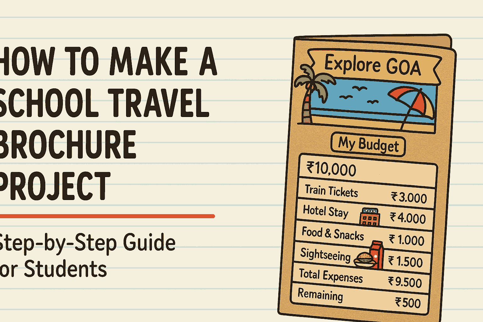 Illustrated school project guide showing how to make a travel brochure with budget planning, recycled materials, and pictures for a summer vacation trip to Goa.