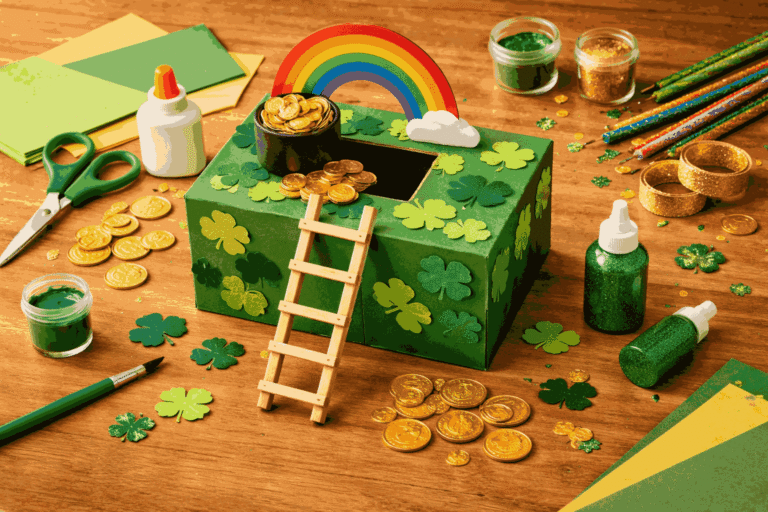Leprechaun trap school project made from cardboard box with gold coins and shamrocks